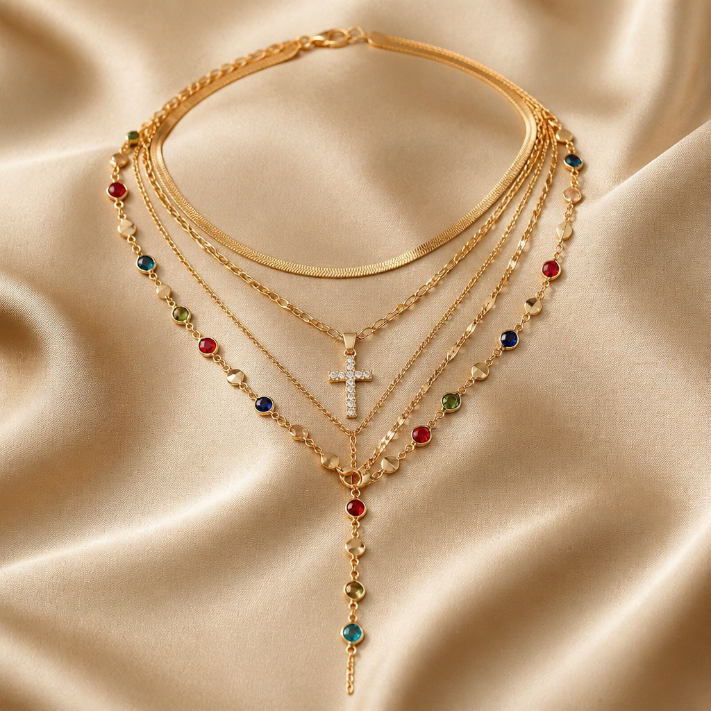 Necklace and Earring Set in White Gold with Multicolored Stones