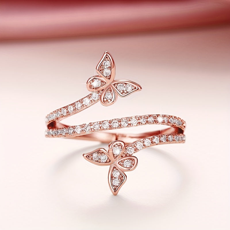 Ring with Butterflies and Zirconia Set in White Gold
