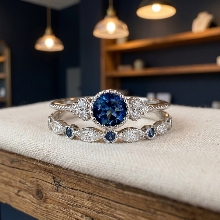 Blue Sapphire Silver Bridal Ring Set
