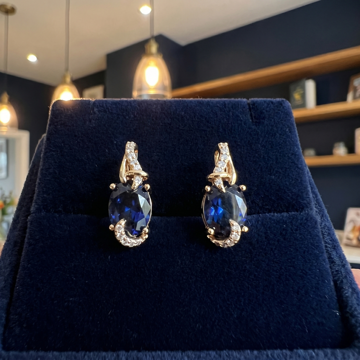 Oval Blue Gold Drop Earrings