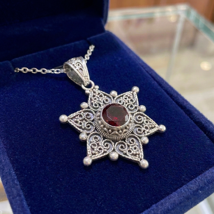 Silver Ruby Star Pendant Necklace