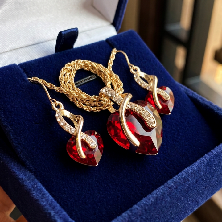 Gold Ruby Twisted Heart Jewellery Set