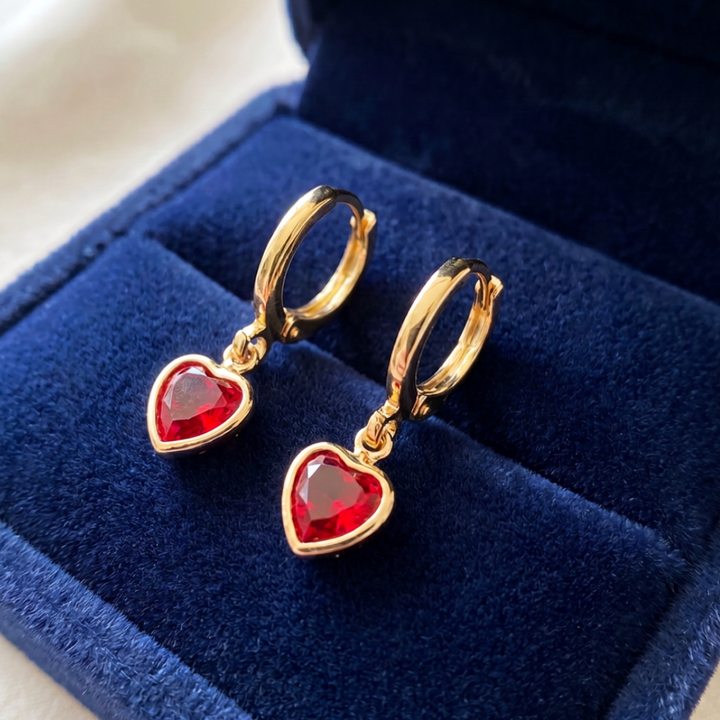 Gold Ruby Heart Drop Earrings