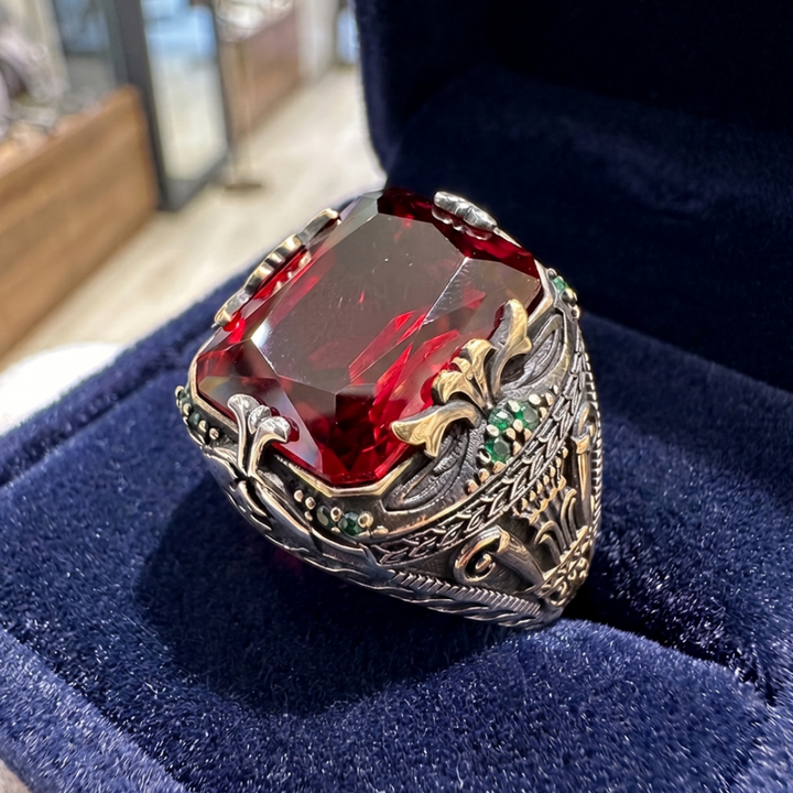 Silver Ruby Ornate Signet Ring