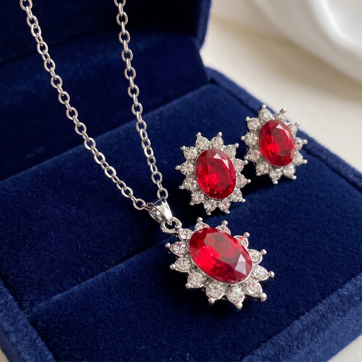 Silver Ruby Floral Jewellery Set