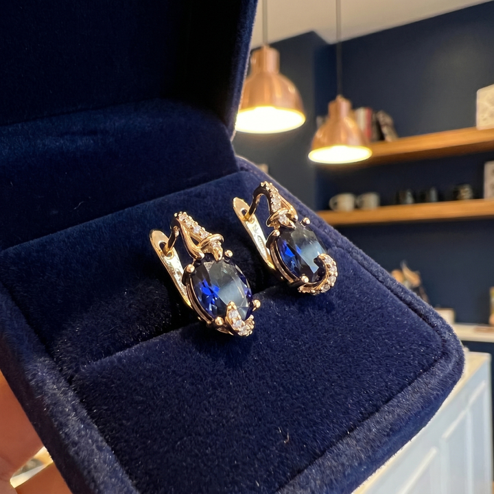 Oval Blue Gold Drop Earrings