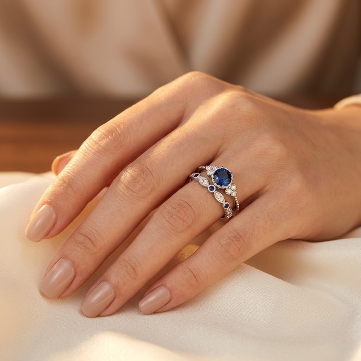 Blue Sapphire Silver Bridal Ring Set