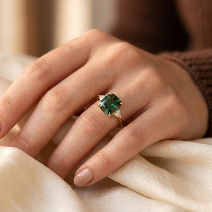 Green Cushion Gold Statement Ring