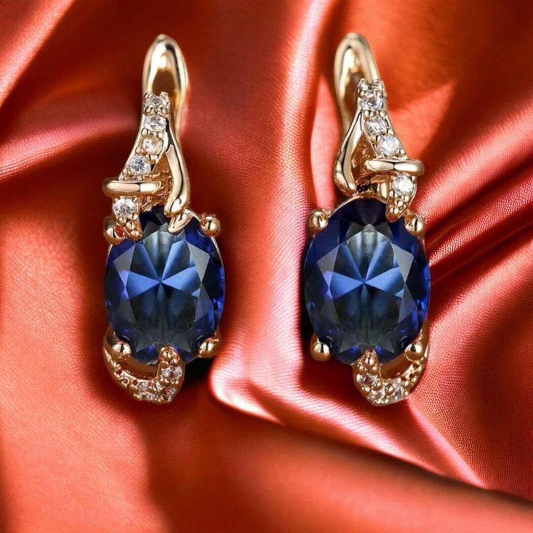 Oval Blue Gold Drop Earrings