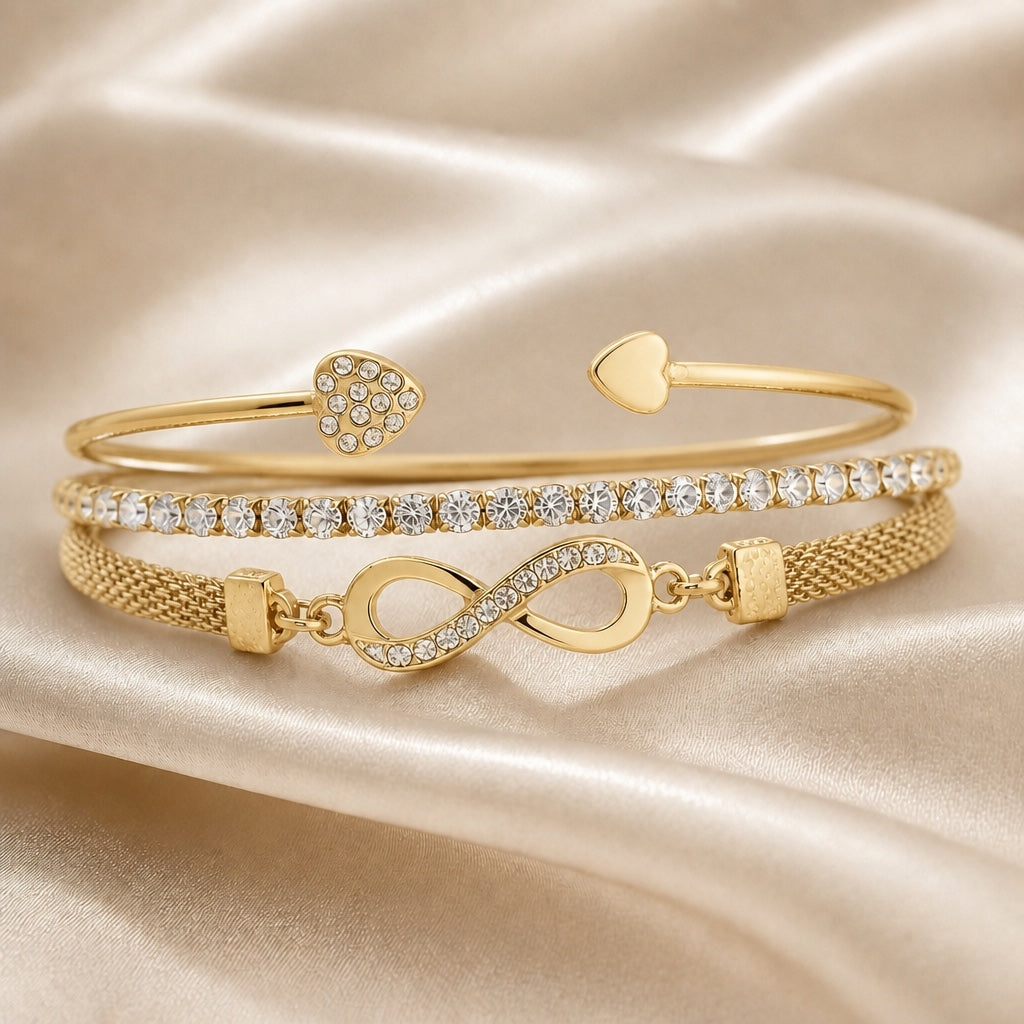 Collection of Bracelets with White Gold Rhinestones and Infinity Design