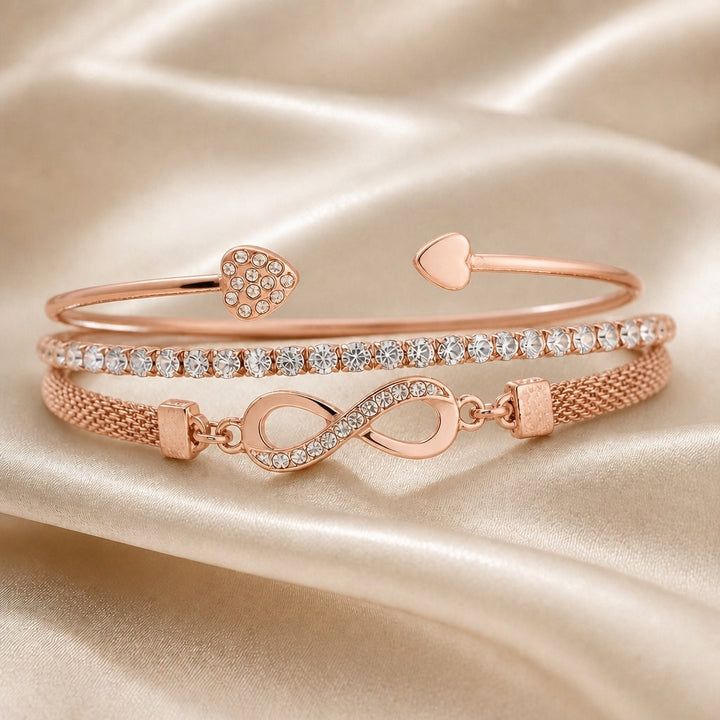Collection of Bracelets with White Gold Rhinestones and Infinity Design