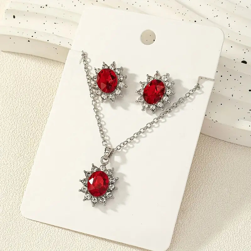 Silver Ruby Floral Jewellery Set