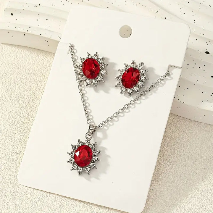 Silver Ruby Floral Jewellery Set