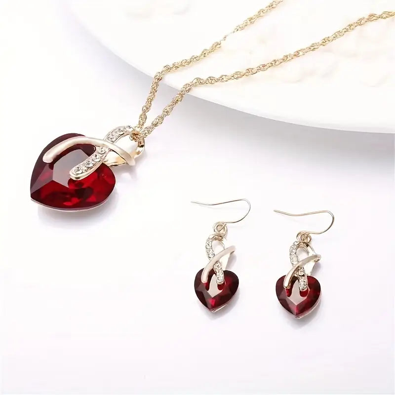 Gold Ruby Twisted Heart Jewellery Set