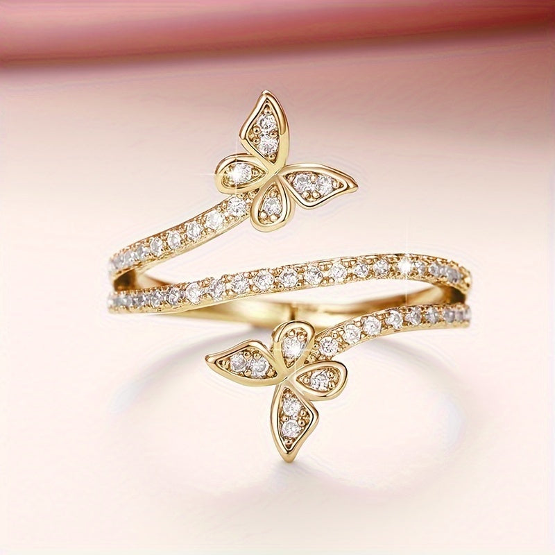 Ring with Butterflies and Zirconia Set in White Gold
