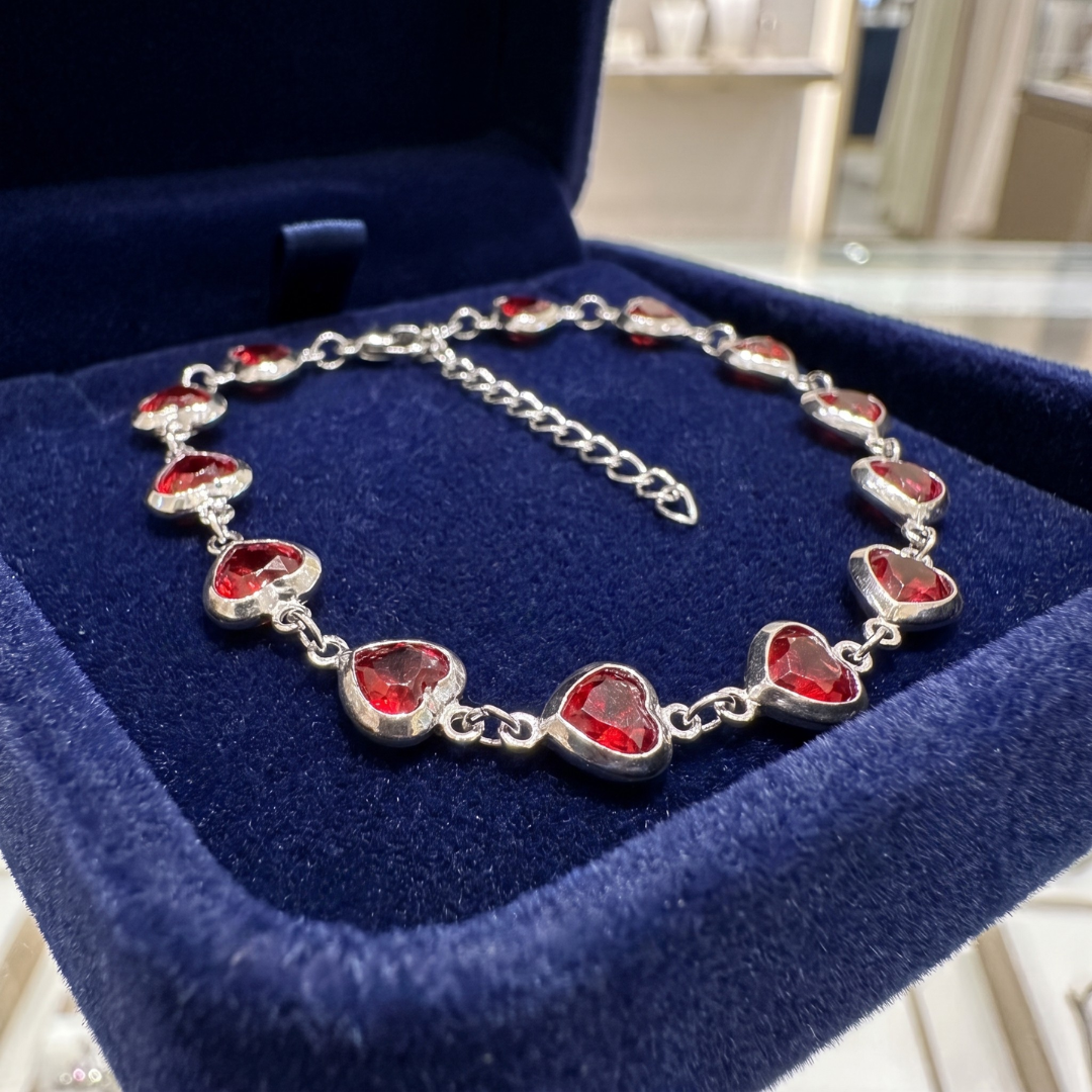 Silver Ruby Heart Chain Bracelet