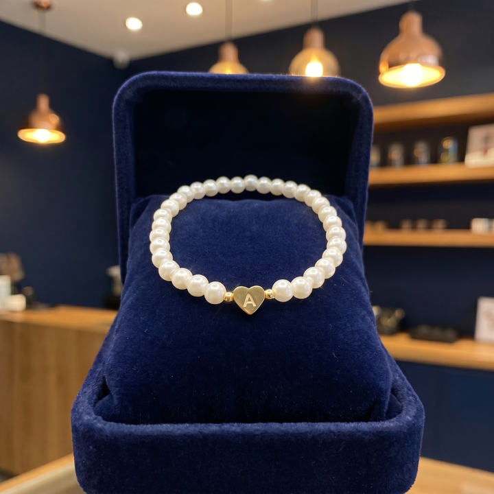 Gold Initial Pearl Beaded Bracelet