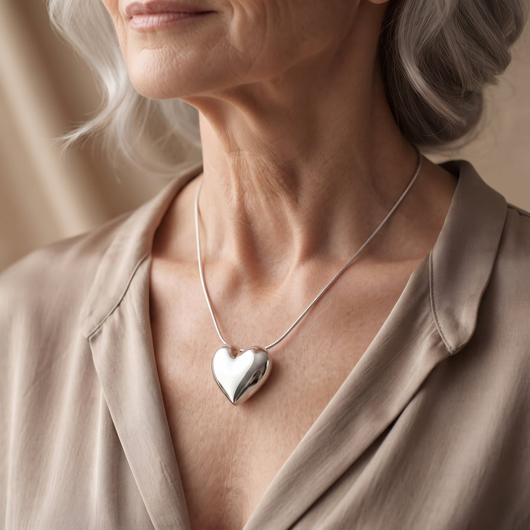 Elegant White Gold Puff Heart Pendant Necklace