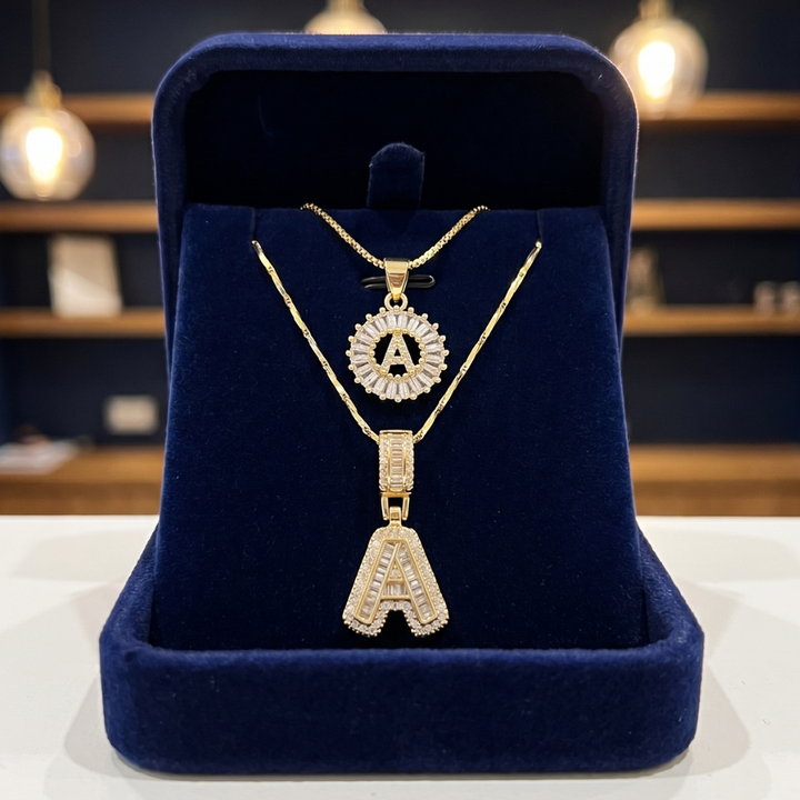 Gold Initial Pendant Necklace Set
