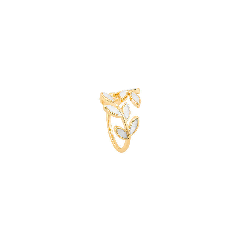Adjustable gold ring with leaf and white opal