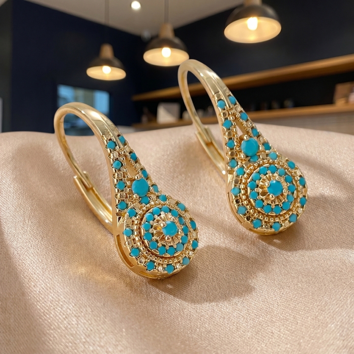 Turquoise Mosaic Teardrop Gold Earrings