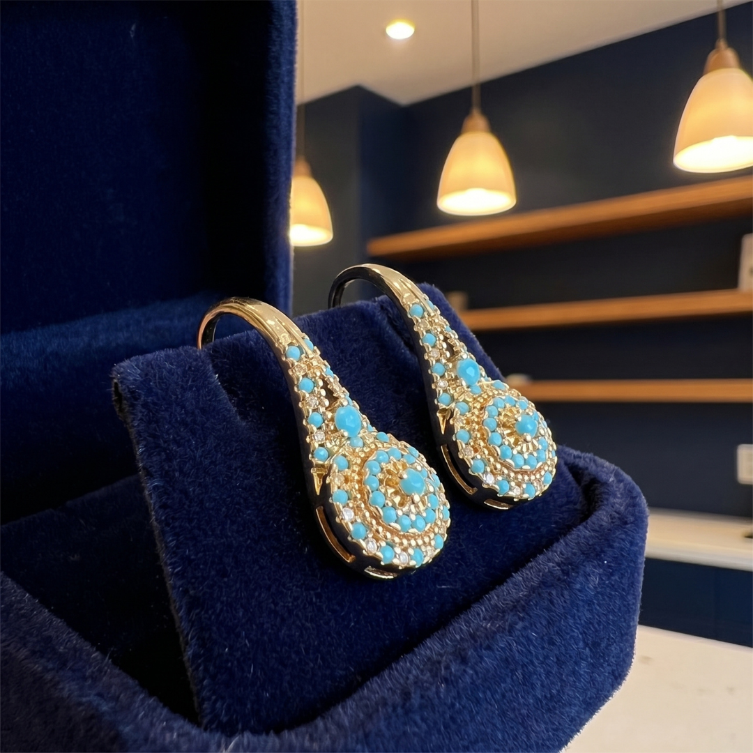 Turquoise Mosaic Teardrop Gold Earrings