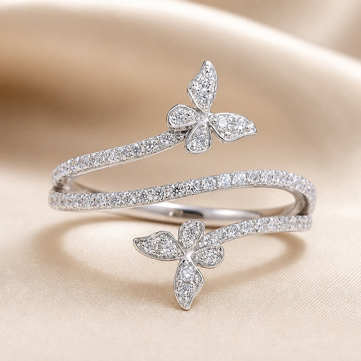 Ring with Butterflies and Zirconia Set in White Gold