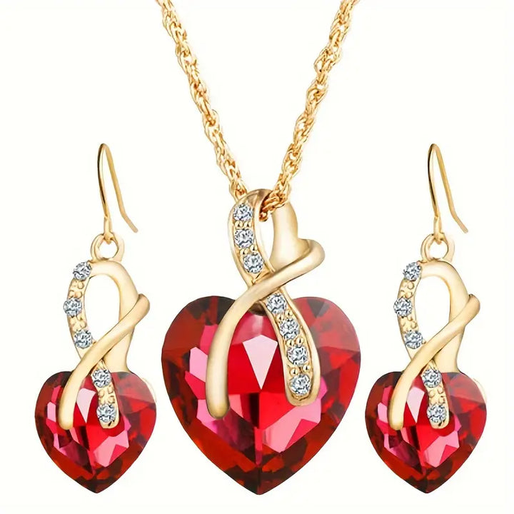 Gold Ruby Twisted Heart Jewellery Set