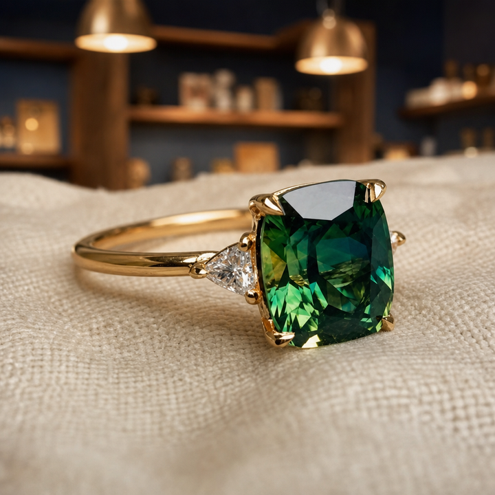 Green Cushion Gold Statement Ring