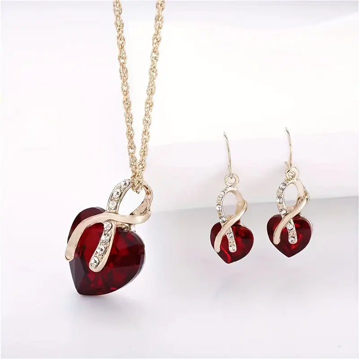 Gold Ruby Twisted Heart Jewellery Set