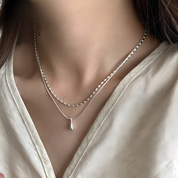 Double Layer White Gold Necklace with Teardrop Pendant
