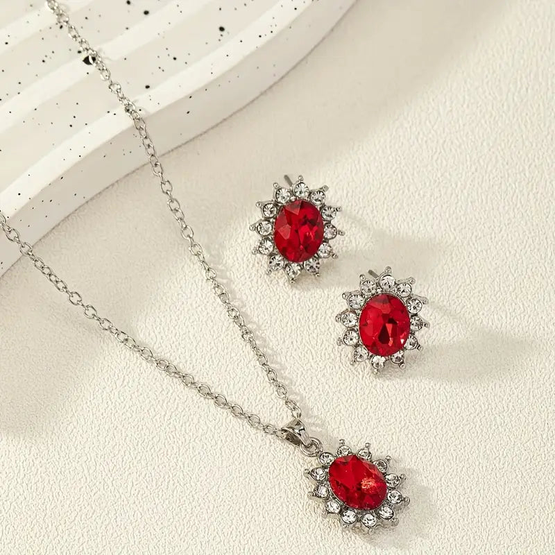 Silver Ruby Floral Jewellery Set