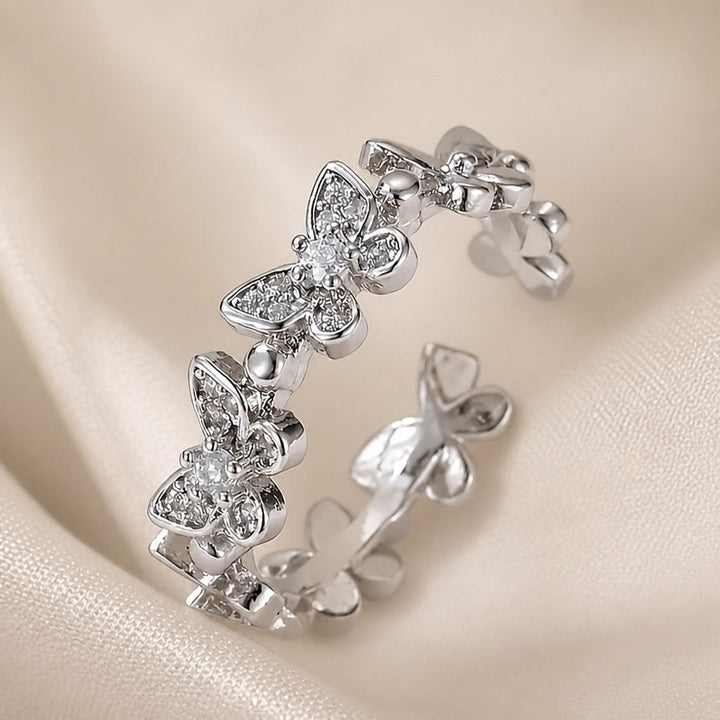 White Gold Butterfly Shaped Ring with Crystals