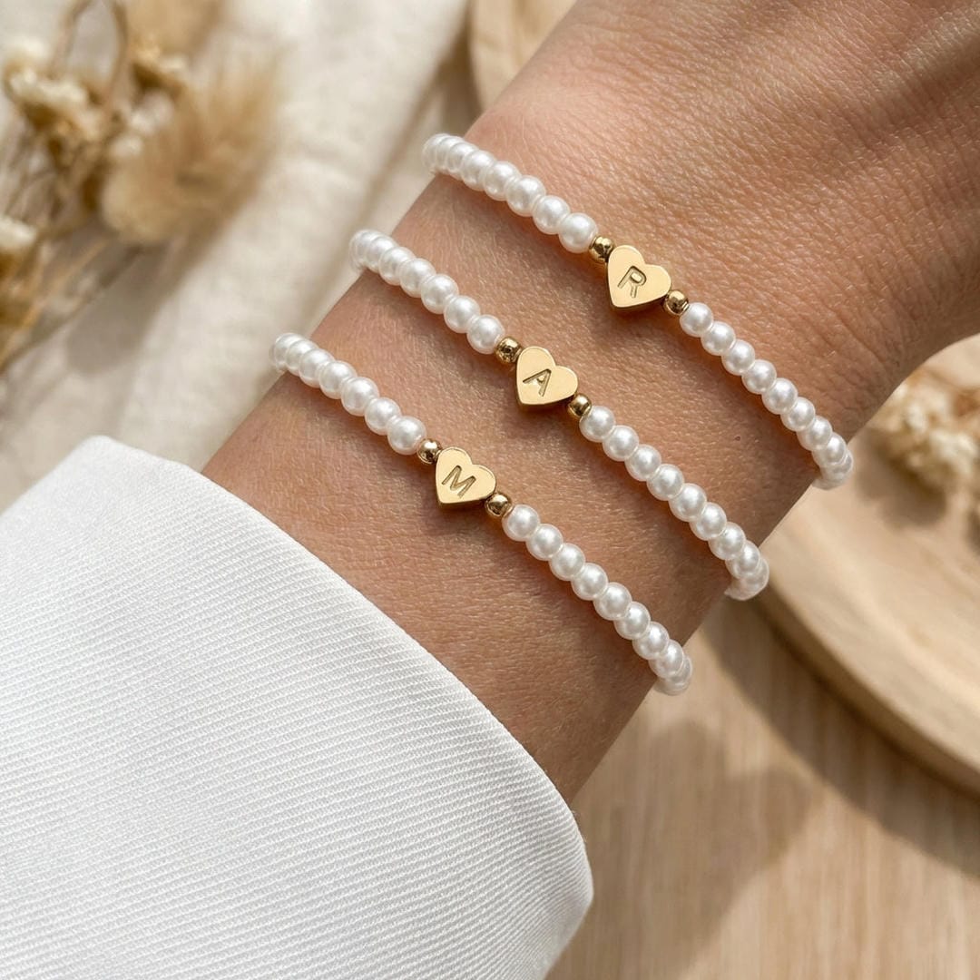 Gold Initial Pearl Beaded Bracelet